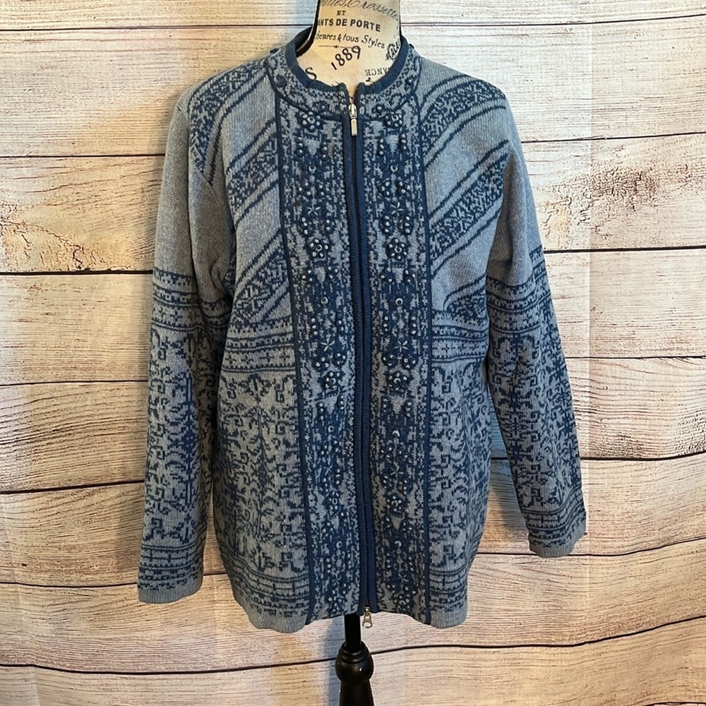 Pendleton Lambswool Cardigan Sweater Embroidered Flower Trim Lined Blue Zipper